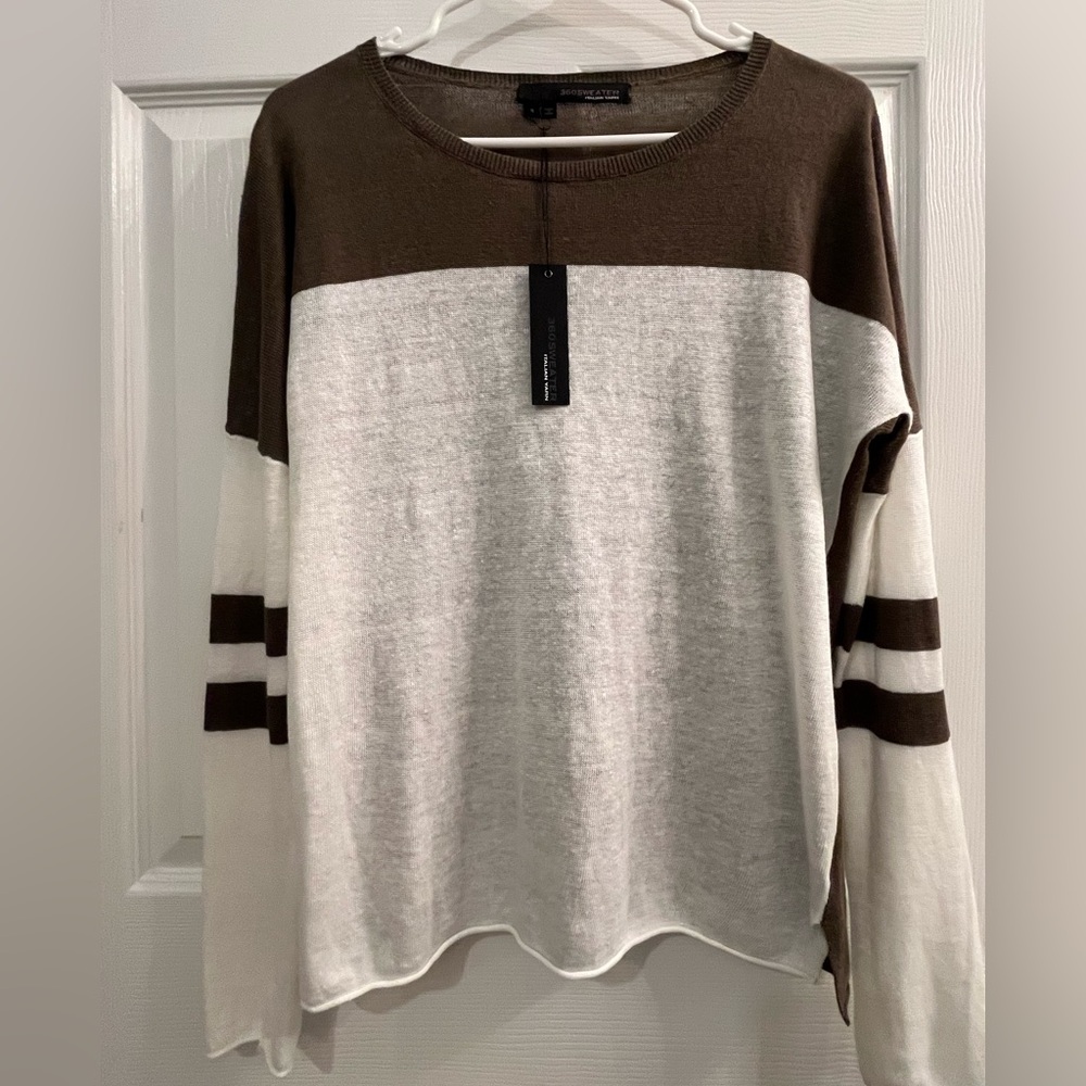 NWT 360 Sweater Italian Yarn Brown and White Women’s Linen Sweater Size S - Picture 2 of 5